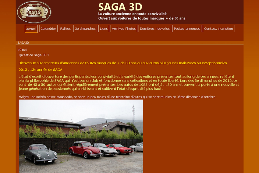 Saga 3D n'est pas un club car il fonctionne sans cotisations et en toute liberté. Il s'agit d'un regroupement de passionnés de voitures de plus de 25 ans souhaitant faire de la route ensemble.